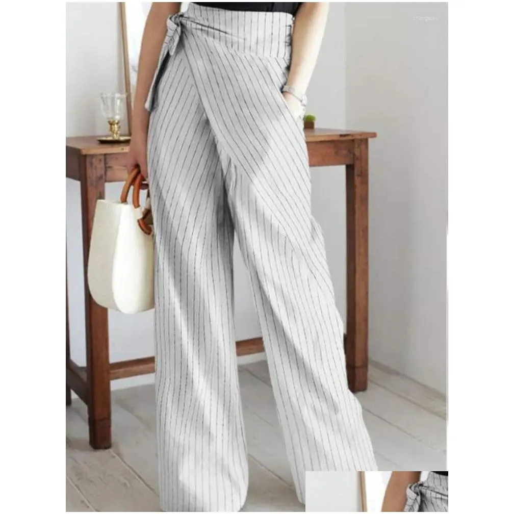 Women`s Pants Fall Striped Wide Leg Casual High Waist Pocket Lace-Up Oversize Dress For Women Asymmetrical
