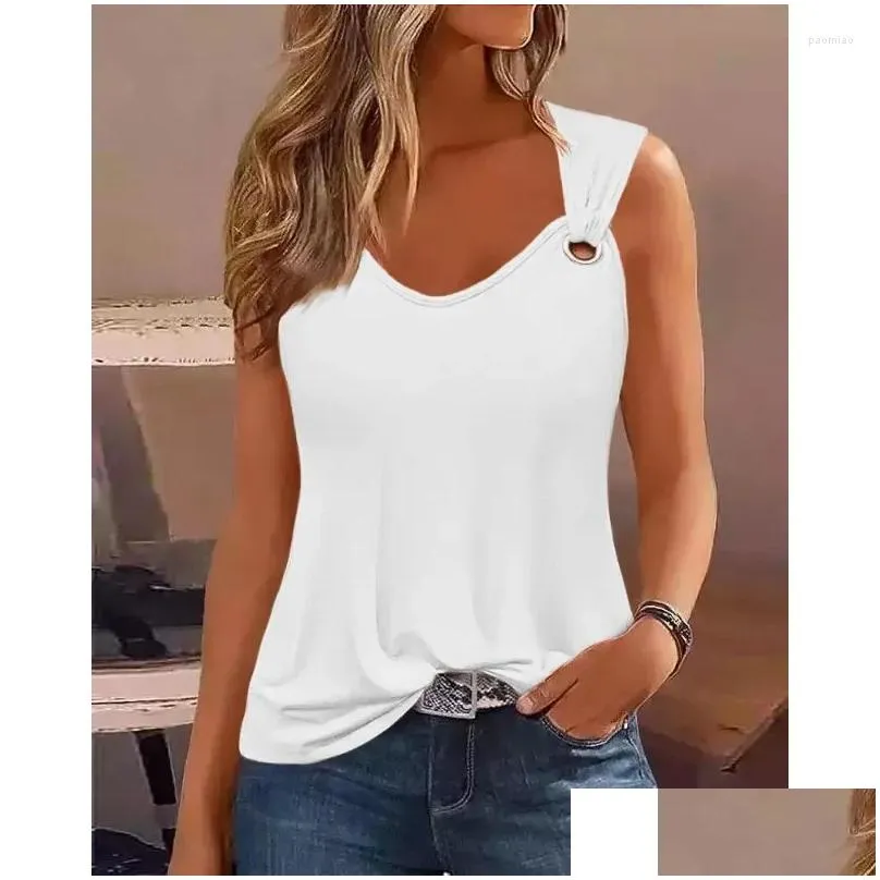 Women`s T Shirts 2023 Spring Summer Sexy Simple Metal Buckle V-neck Sleeveless Solid Color Sweet Vest