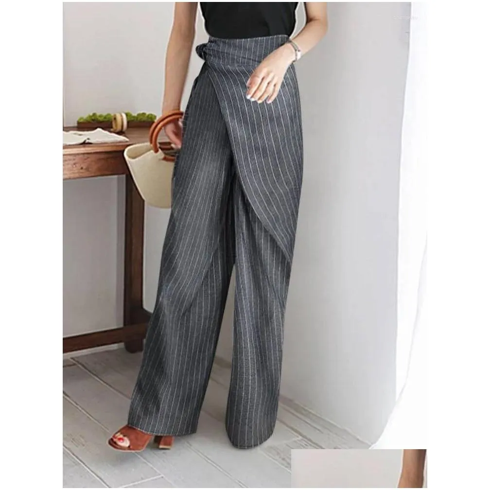 Women`s Pants Fall Striped Wide Leg Casual High Waist Pocket Lace-Up Oversize Dress For Women Asymmetrical