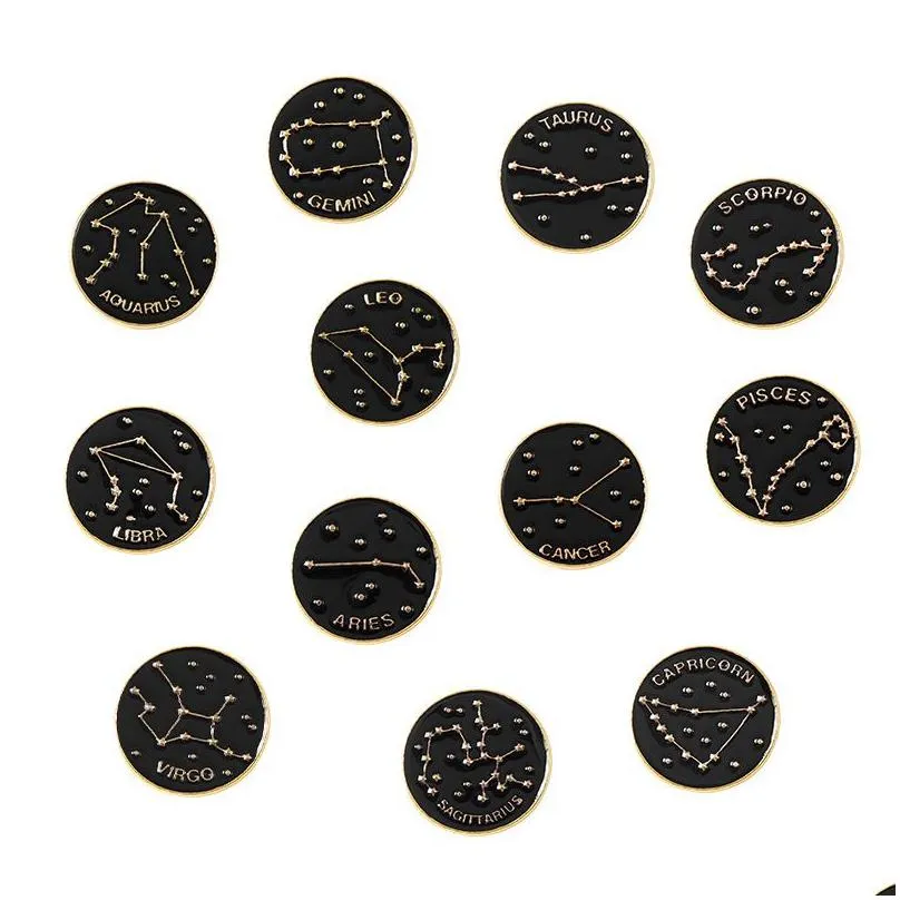 Cartoon Black Round Badge Constellation Symbol Meaning Brooches Enamel Pins Funny FashionJewelry Lapel Backpack Feastival Gift for Women Men Anime