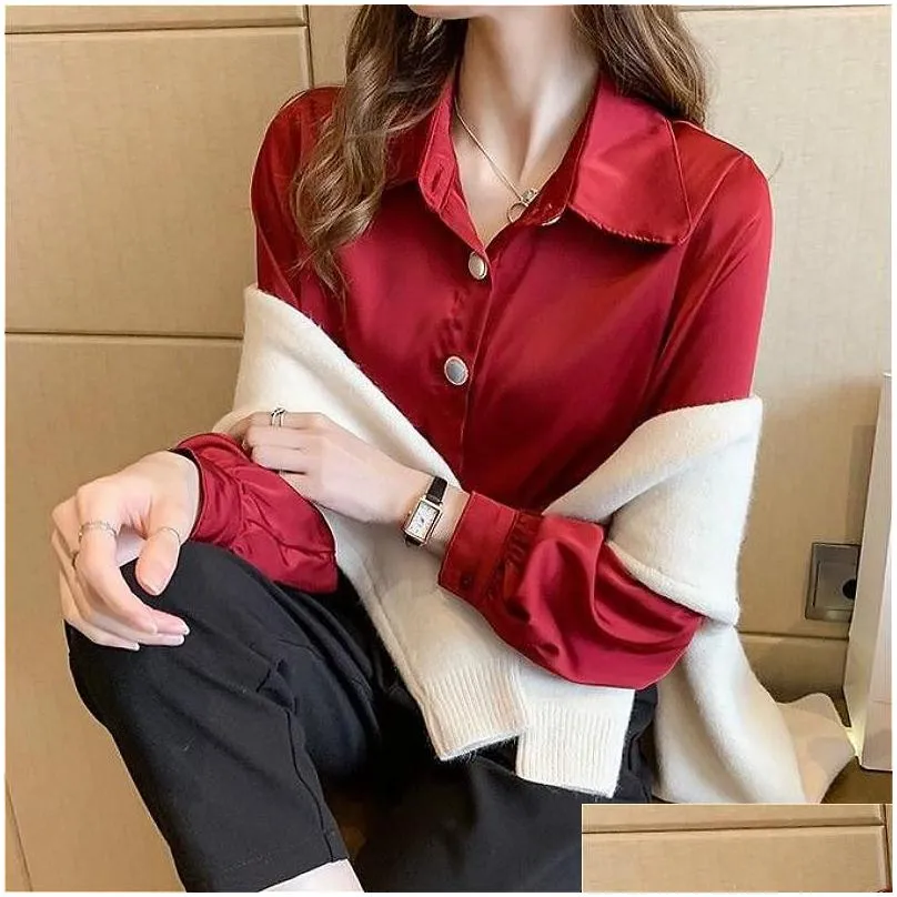 Women`s Blouses & Shirts Women Red Long Sleeve Solid All-match Ins Plus Size Charm Lady Clothing Daily Elegant Classy Teenagers Mujer 2021