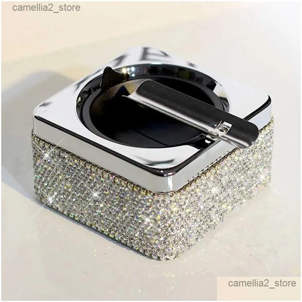 Car Ashtrays Luxury Rhinestone Cystal Pasted Cigarette Ashtray for Car Home Office Unique Refined Ashtray for Women Gift Q231125