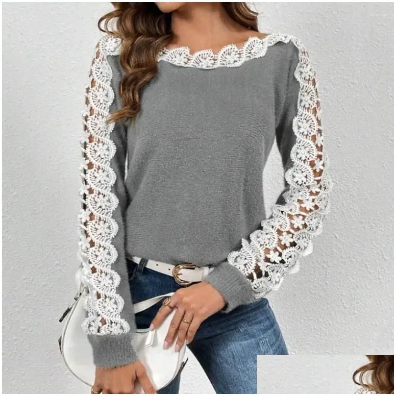 Women`s Blouses Commuting Blouse Patchwork Color Pullover Tops O-neck Hollow Lace Splicing Loose Fit Knitting Streetwear