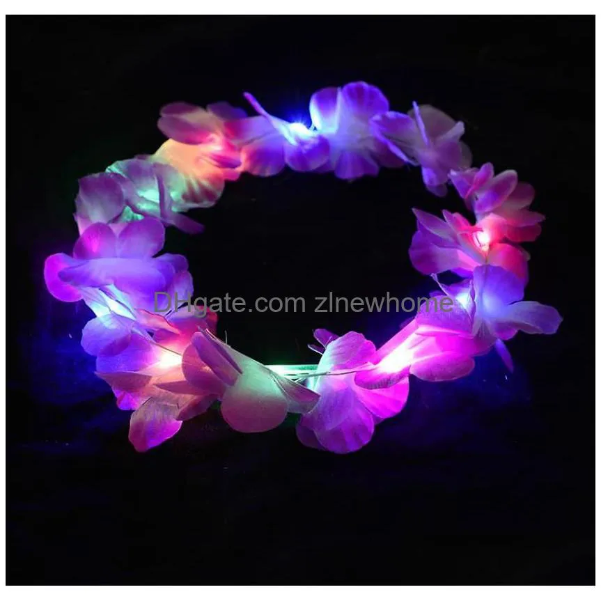 Led Hawaiian Leis Headband Costume Accessories Light Up Floral Wedding Headbands Artificial Flower Crown For Beach Tropical Themed Dro Dhlqf