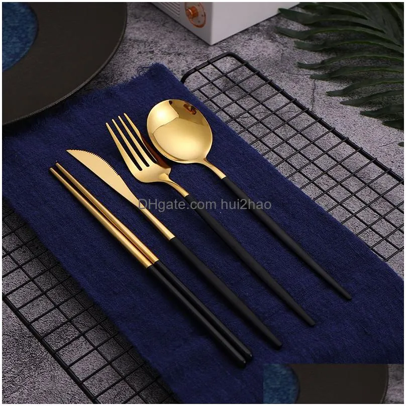 dinnerware sets 1216 pcs black gold cutlery set chopsticks knife fork spoon golden stainless steel korean dinnerware set luxury tableware set