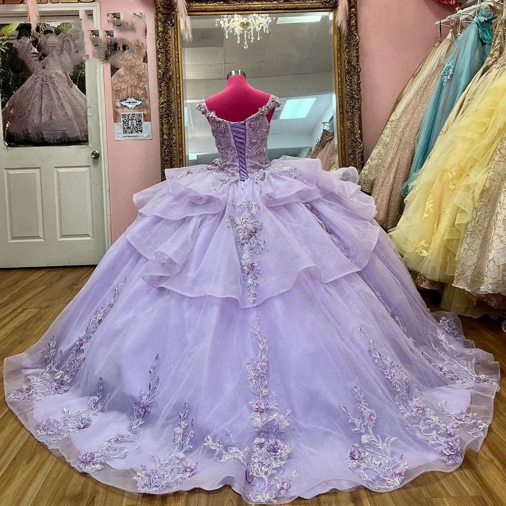 PrincessLilac Lace Quinceanera Dresses 2023 Cap Sleeve Appliques Lace Up Ball Gown Sweet 16 Dress vestidos de 15 anos Prom Party Gowns