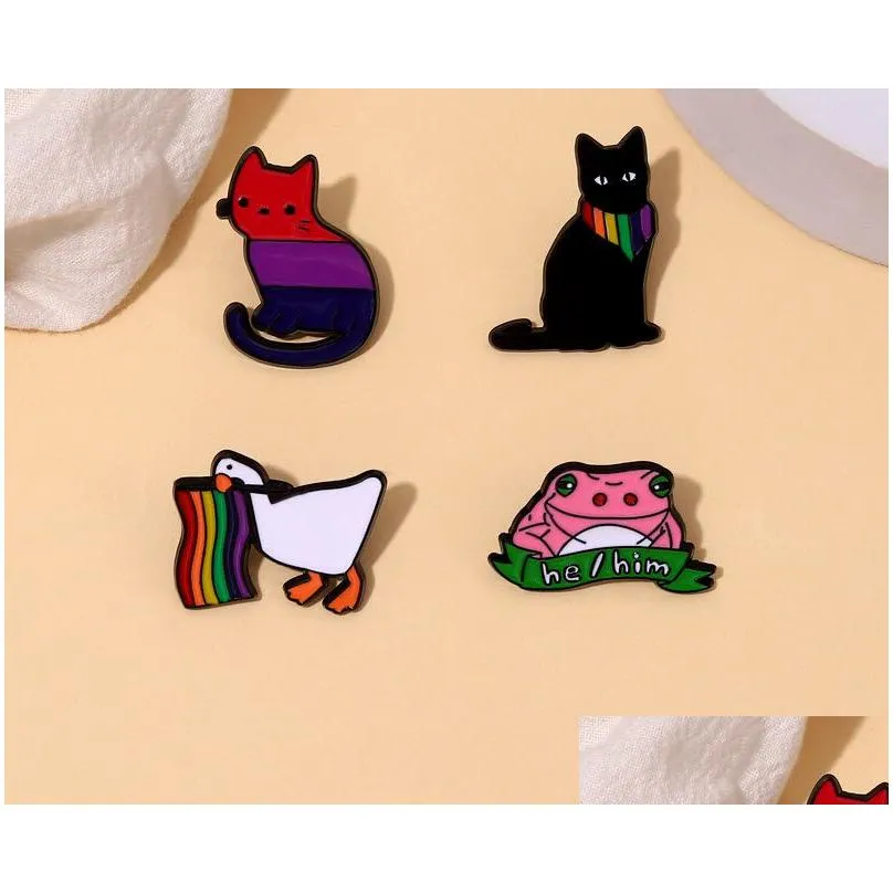 Cartoon Accessories Pride Flag Enamel Pins Custom Love Is He Him Brooches Lgbt Lapel Badges Cats Frog Goose Jewelry Gift For Kids Frie Dhu5S