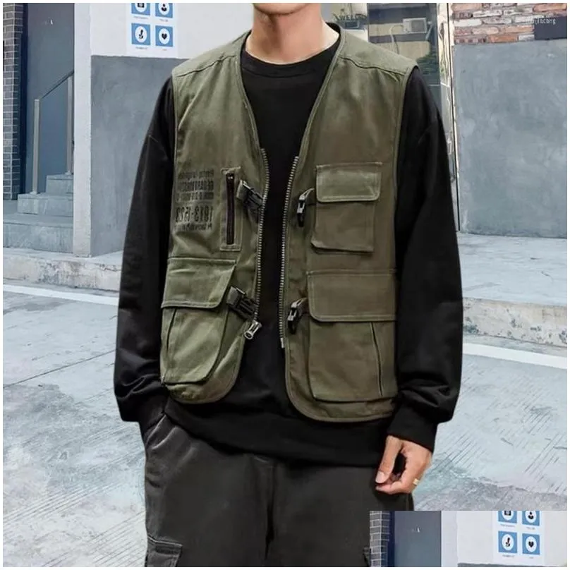 Men`S Vests Mens Vests Men Sleeveless Cargo Vest Jacket V-Neck Solid Color Mti Pockets Zipper Placket Buckle Closure Coat Hiking Cloth Otfzb