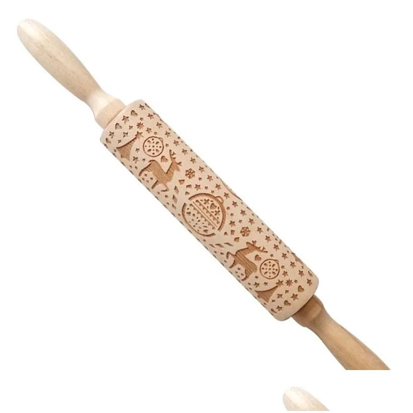 Rolling Pins & Pastry Boards 8 Designs Embossing Christmas Rolling Pin Wooden Engraved Carved Dough Stick Baking Kitchen Pastry Drop D Otcqw