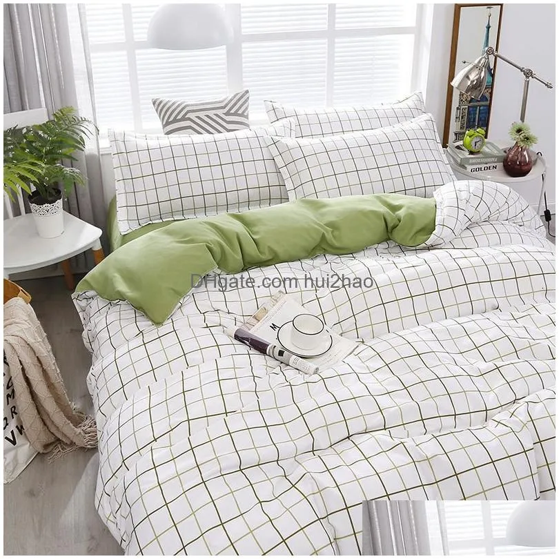 bedding sets fashion bedding set white green double bed linens nordic duvet cover pillowcase queen size flat sheet classic grid kids winter