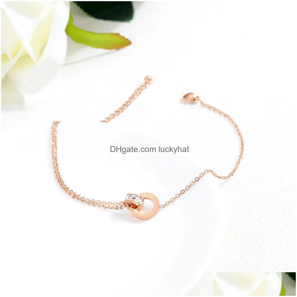 Anklets Fashion Double Rings Zircon Anklets Women Designer Rose Gold Roman Number Foot Chain Titanium Steel Jewelry Gifts For Female D Dhs0K