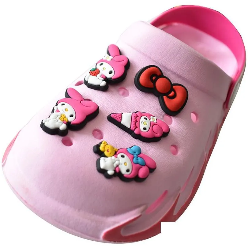 Anime charms wholesale childhood memories kuromi melody pink bow cats funny gift cartoon charms shoe accessories pvc decoration buckle soft rubber clog