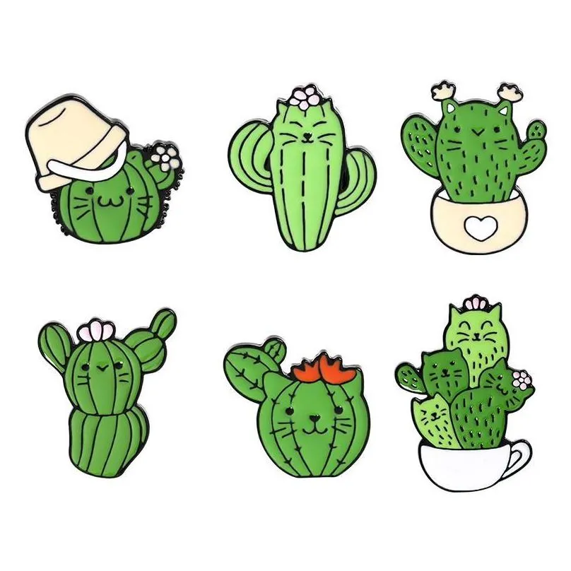 Cute Green Cat Cactus Enamel Brooches Pin for Women Girl Fashion Jewelry Accessories Metal Vintage Brooches Pins Badge Wholesale Gift