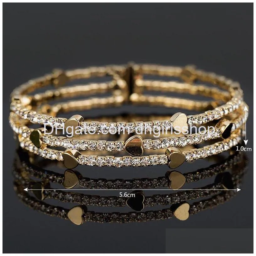 bangle rhinestone bracelet woman full diamond love heart handmade three rows cuff bracelets plated gold bangle 8 9yf g2b