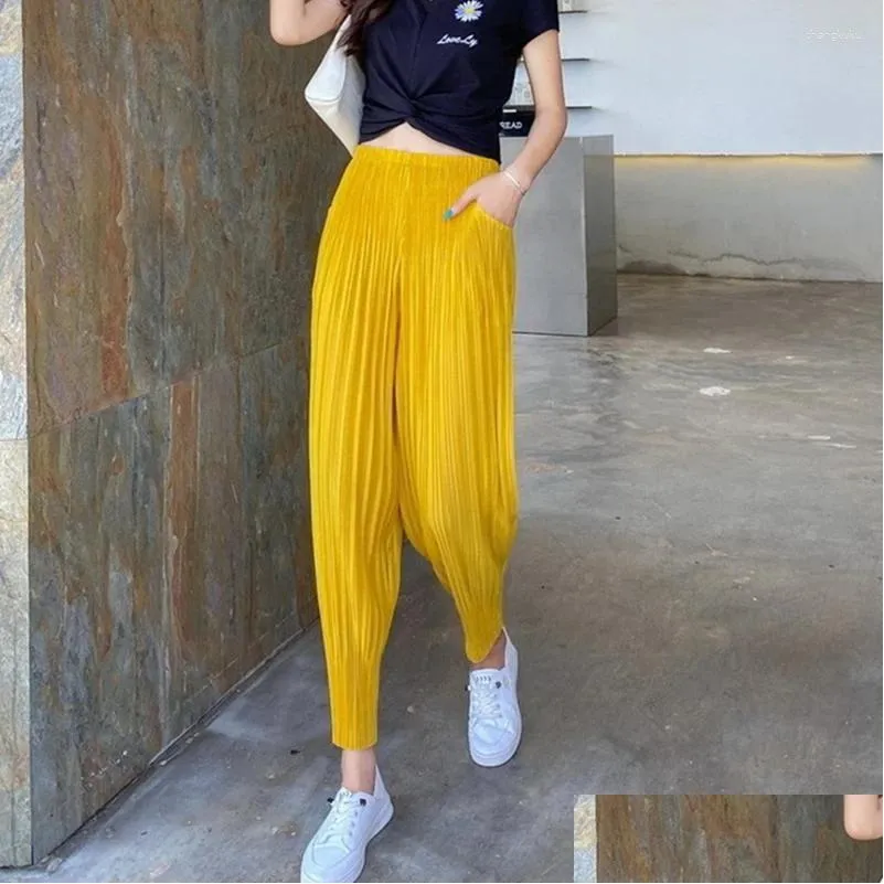 Women`s Pants Miyake Spring Summer High Elastic Waist Trousers Pleated Harem 2023 Casual Loose Pockets Fold Solid Color