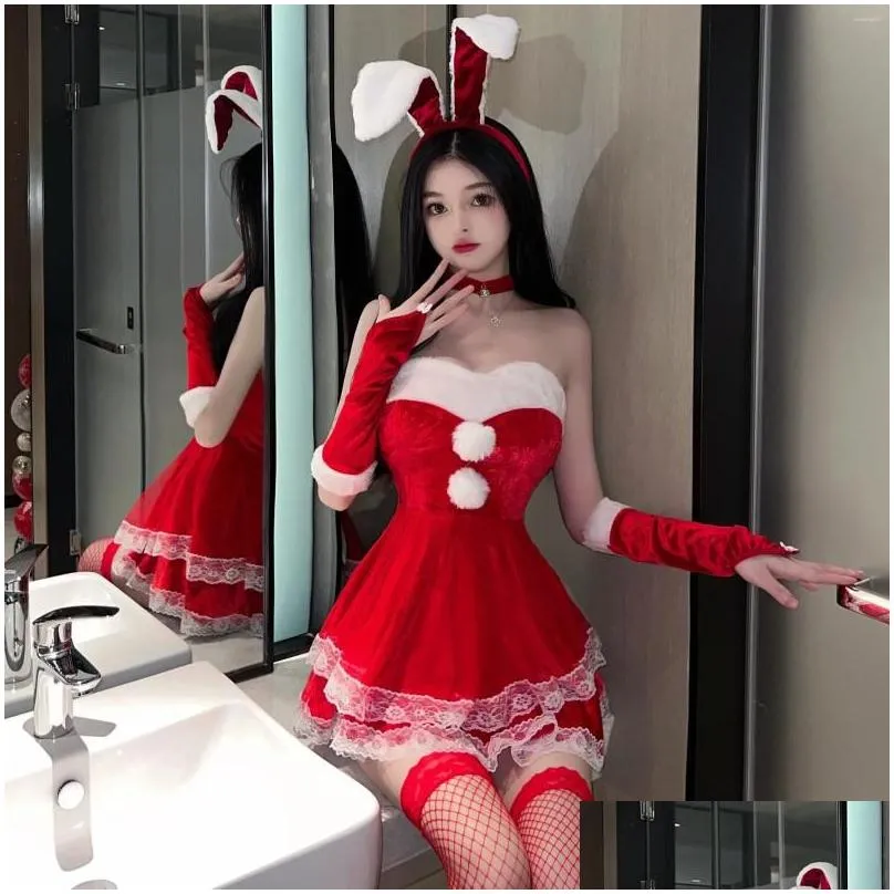 Bras Sets Sexy Lingerie Velvet Tube Top Dress Sleeves Cute Girl Christmas Suit