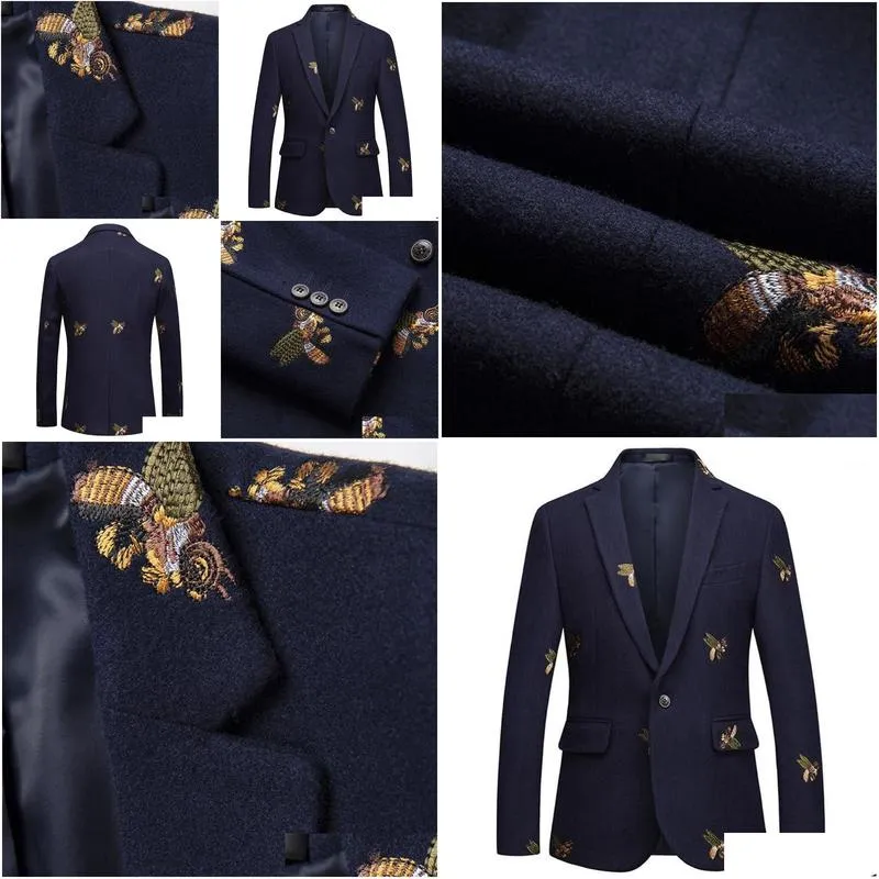 Bee embroidery Blazer Slim Fit Masculino Abiti Uomo 2020 Wedding Prom Blazers Tweed Wool For Men Stylish Suit Jacket1