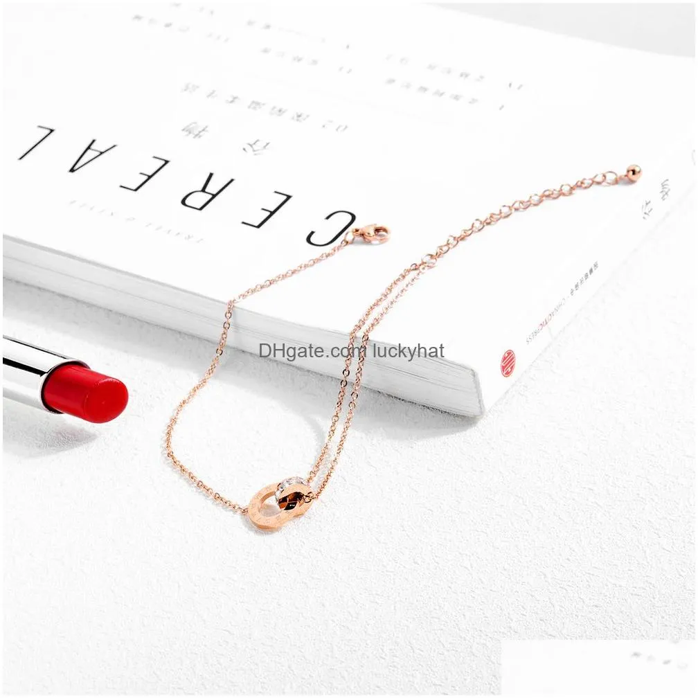 Anklets Fashion Double Rings Zircon Anklets Women Designer Rose Gold Roman Number Foot Chain Titanium Steel Jewelry Gifts For Female D Dhs0K