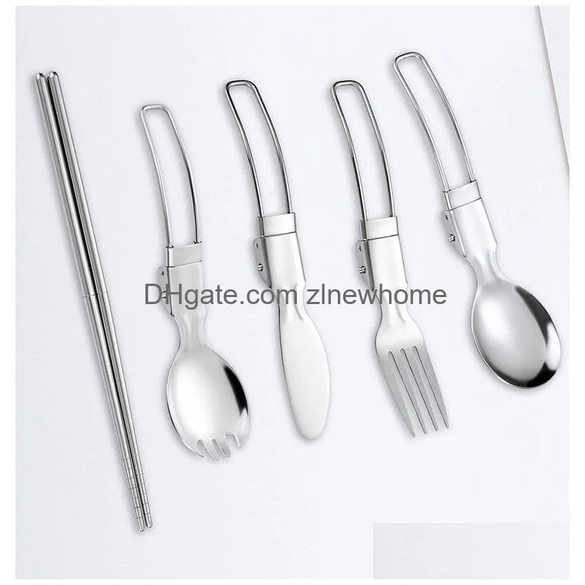 Dinnerware Sets Stainless Steel Portable Cutlery Set Knife Fork Spoon 2-5-Piece Folding Flatware Sets For Student Dinnerware Travel Ta Dhejz