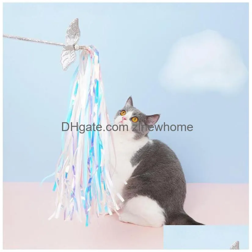 Cat Wand Toy Kitten Flirt Pole Teaser Interactive Wings Tassels Sticks For Indoor Play Blue High-Grade Drop Delivery Dhj35