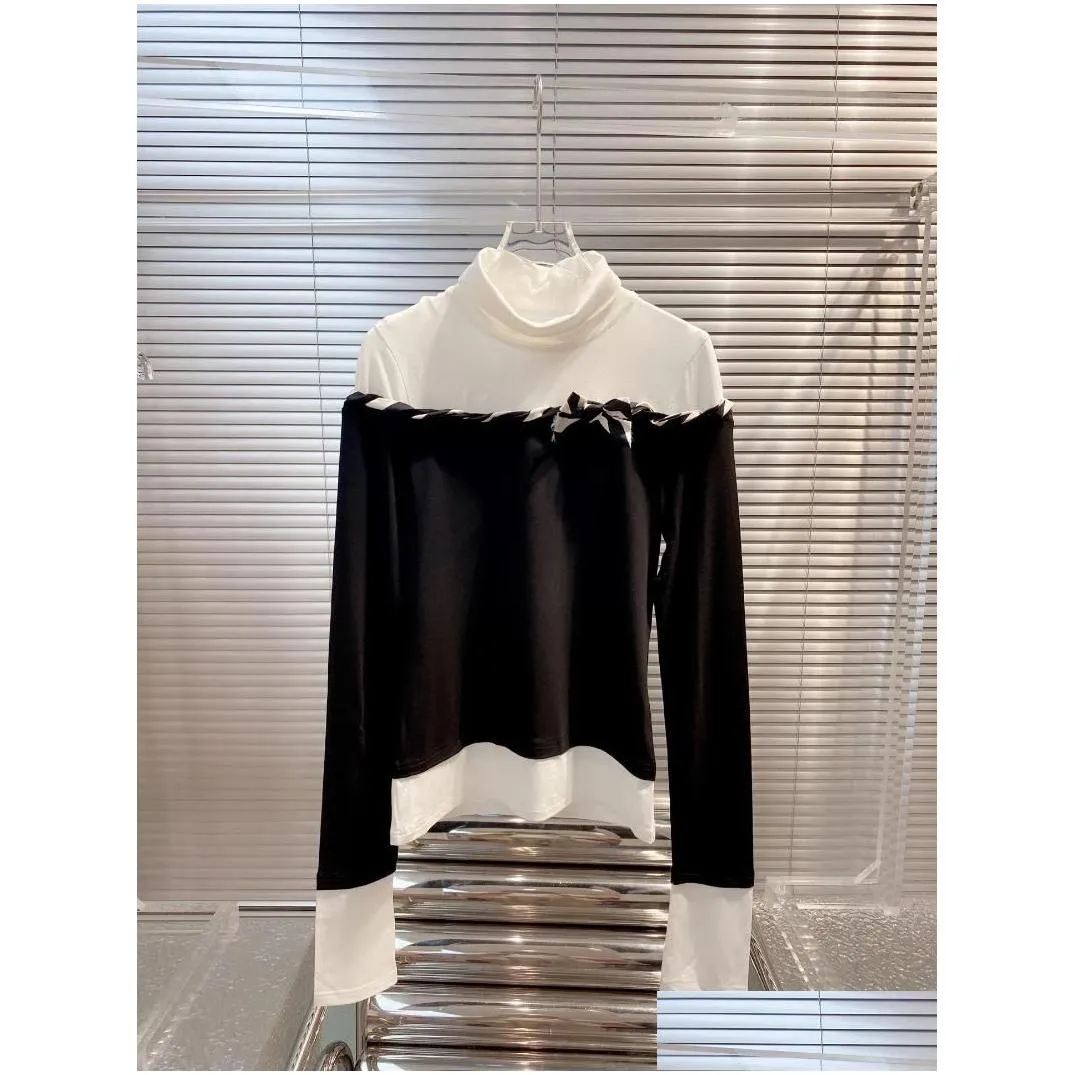Women`s T Shirts 2023 Women Fashion Long Sleeve Sexy Casual Slim High Neck Fake Two Pieces Bow Top 0811