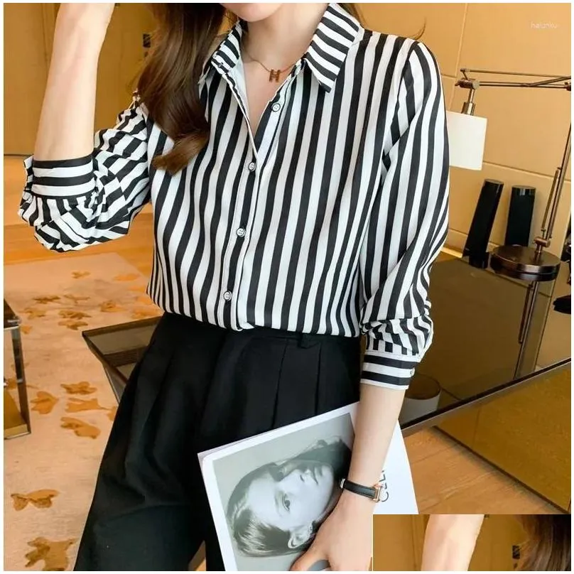 Women`s Blouses Fashion Shirt 2024 Black And White Striped Tops For Women Versatile Polo Neck Clothing Long Sleeve Basic Shirts OL J27