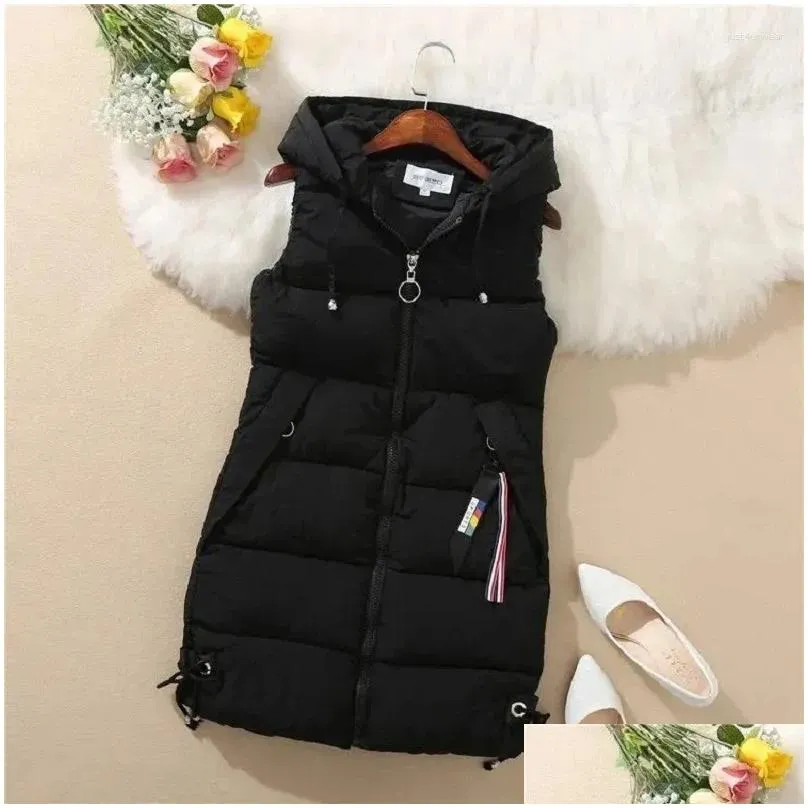 Women`s Vests Jacket Sleeveless Waistcoat Winter Underwaist Coat Long Hooded Quilted Puffer Vest Female Warm Thicken Outwear