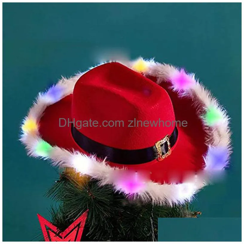 Christmas Gift Santa Claus  Hat Glow White Ruffled Western Glitter Feather Edge Felt Drop Delivery Dhsmi