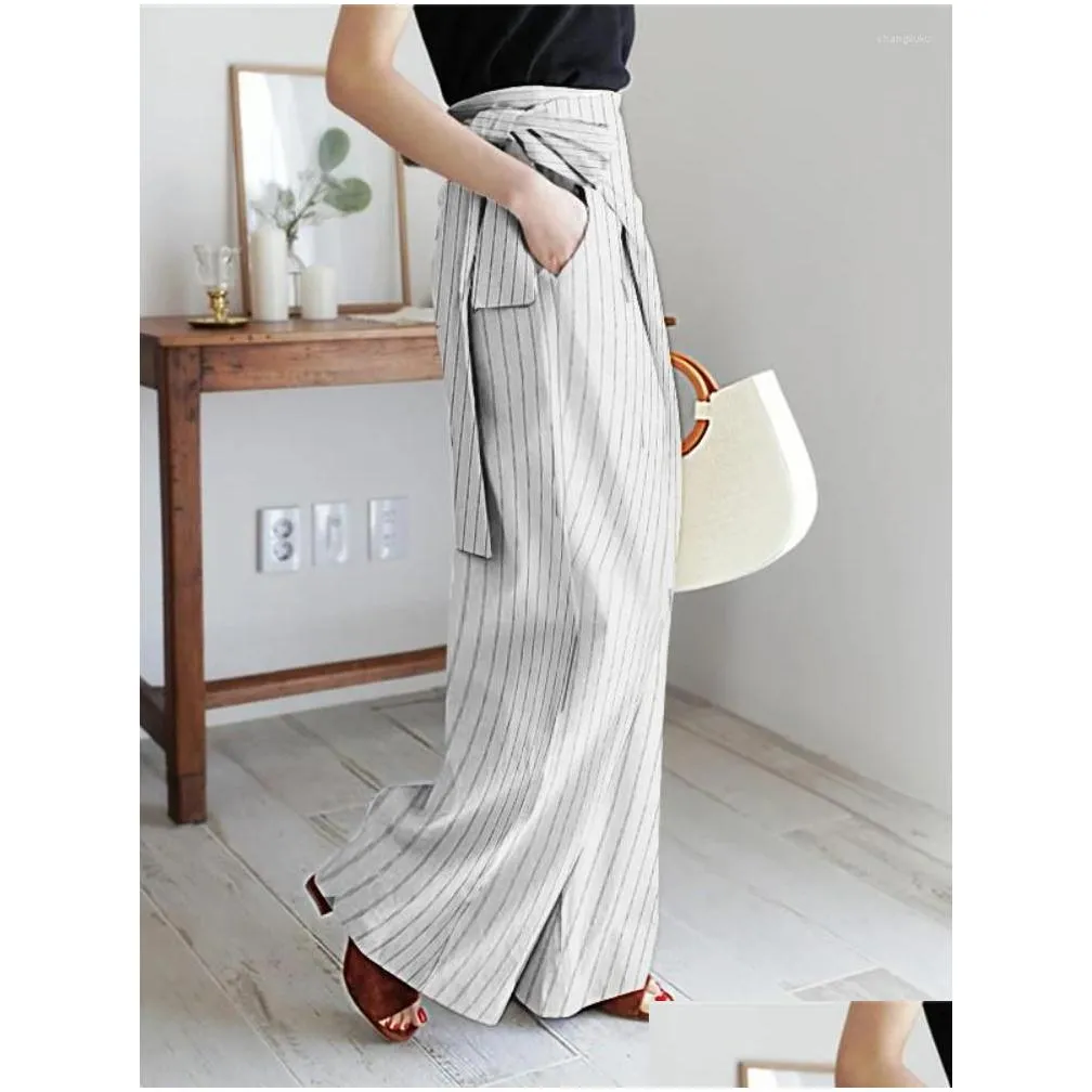 Women`s Pants Fall Striped Wide Leg Casual High Waist Pocket Lace-Up Oversize Dress For Women Asymmetrical