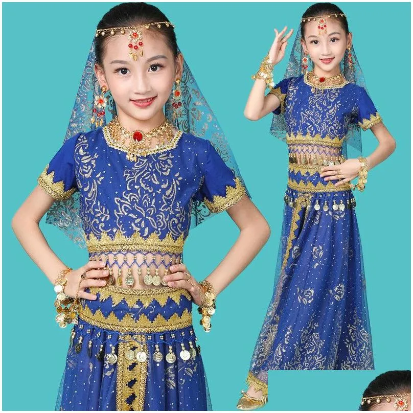 Stage Wear Girls Belly Dance Costumes Design Oriental Children Dresses India Bollywood Professional Outfit Kids 4 Color11