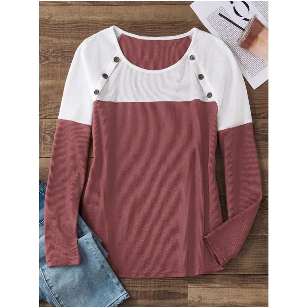 Women`s T Shirts 2023 Autumn Winter Color Block Button Long Sleeve Blouse Women Casual Loose Elegant Gorgeous Extraordinary Simple