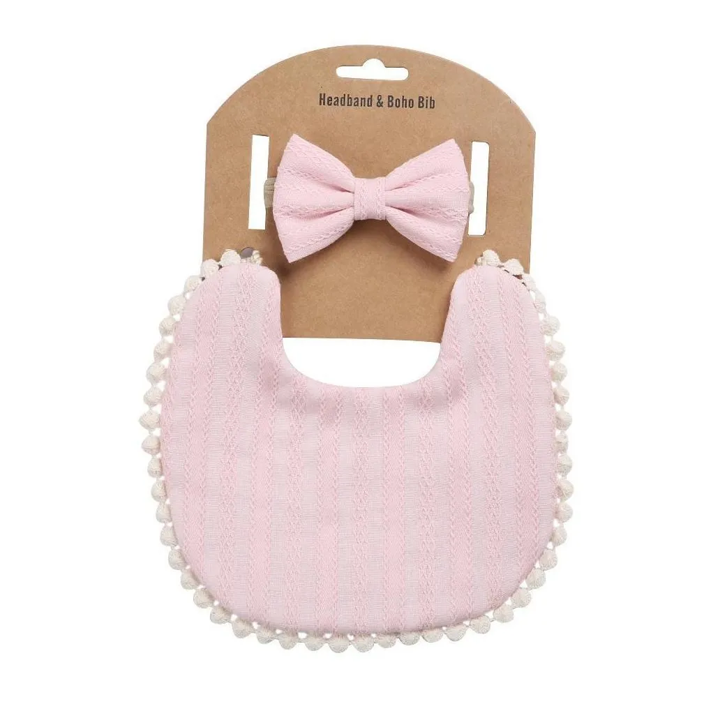 Baby Bibs Feeding Burping Cloths Girls Accessory Cotton Flower Bows Bowknot Headbands 2Pcs/Sets Princess Wear