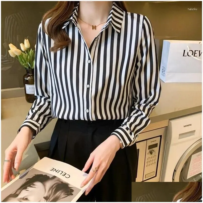 Women`s Blouses Fashion Shirt 2024 Black And White Striped Tops For Women Versatile Polo Neck Clothing Long Sleeve Basic Shirts OL J27