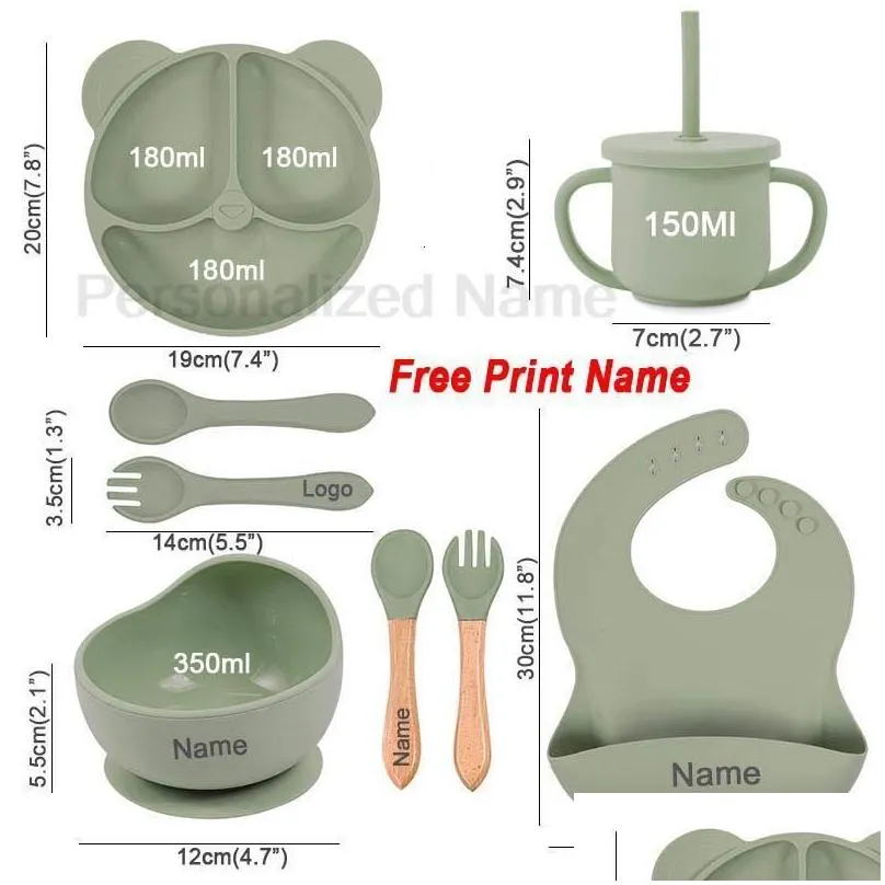 Cups, Dishes & Utensils Cups Dishes Utensils Feeding Set Sile For Baby Sucker Bowl Plate Kids Bear Tableware Childrens Cup With St 8Pc Dhrbc