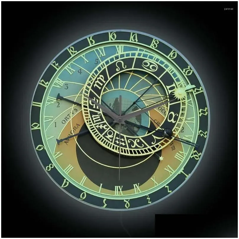 Wall Clocks Wall Clocks Prague Astronomical Clock Face Luminous Night Light Home Decor Czech Medieval Architecture Horoscope Led Lamp Otpey