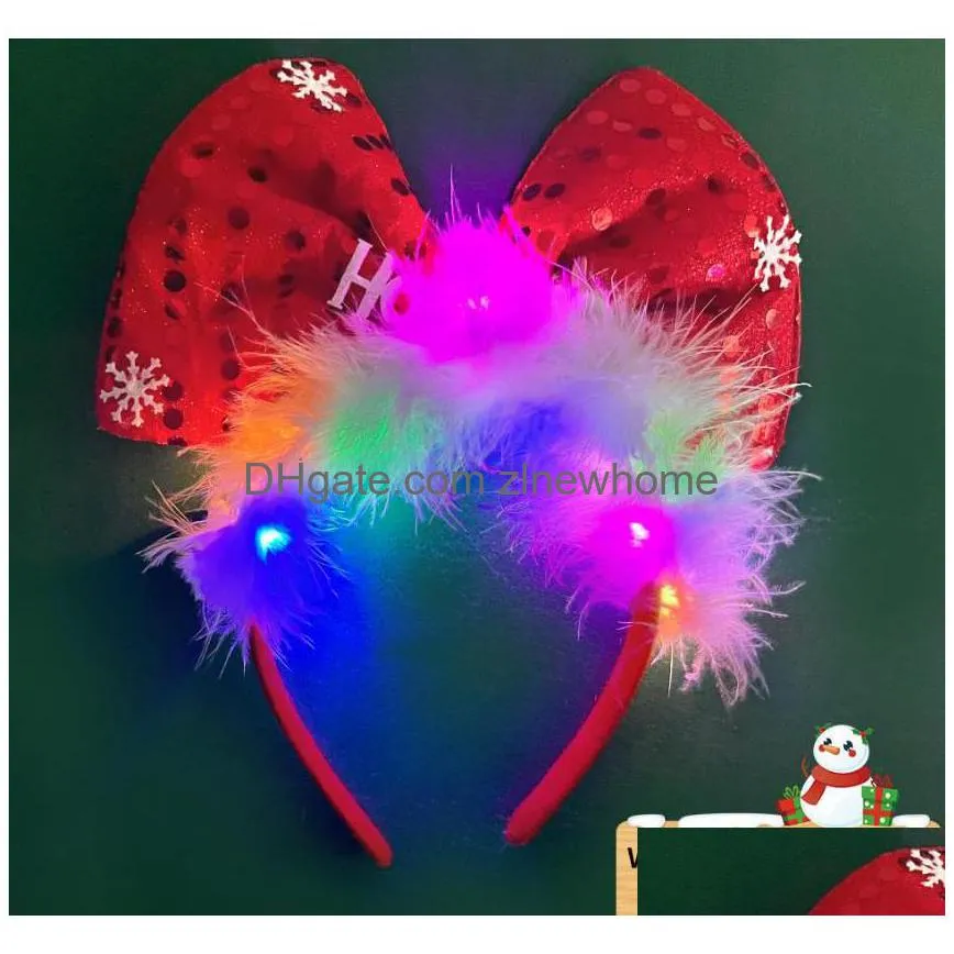 Led Reindeer Antlers Headband Light Up Christmas Santa Tree Elf Hat Hairband New Year Headwear Party Favors Red Drop Delivery Dhbp2