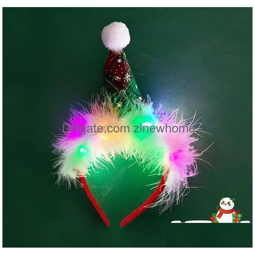 Led Reindeer Antlers Headband Light Up Christmas Santa Tree Elf Hat Hairband New Year Headwear Party Favors Red Drop Delivery Dhbp2