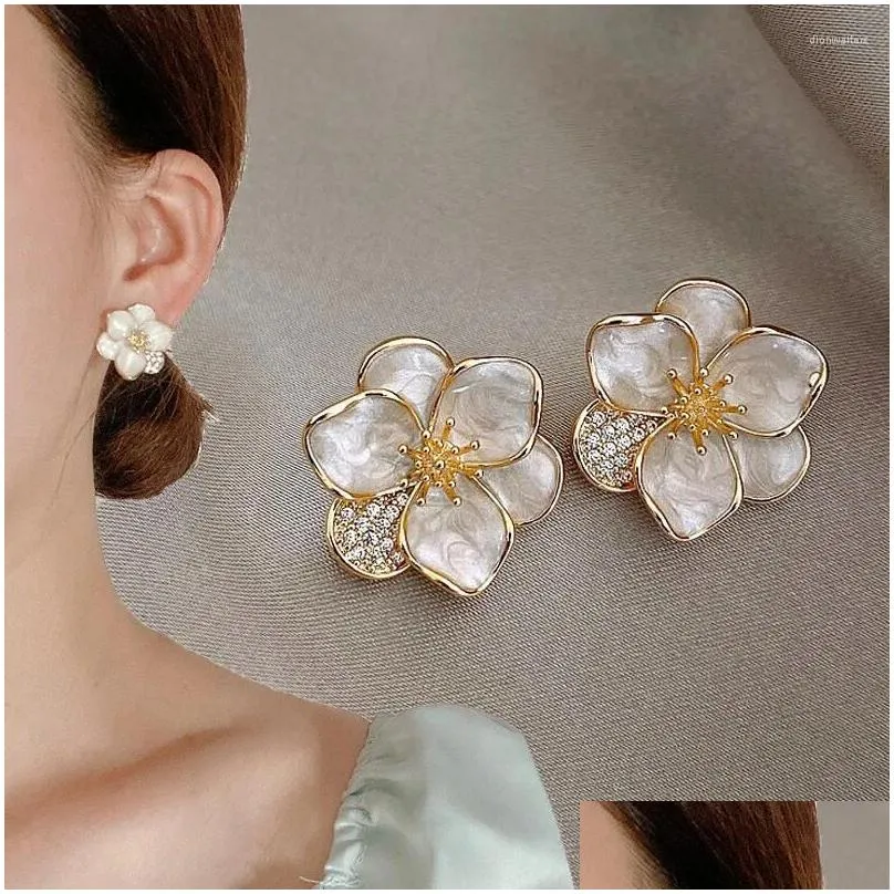 Stud Earrings Elegant White Enamel Petal Flower Shaped 925 Silver Needle