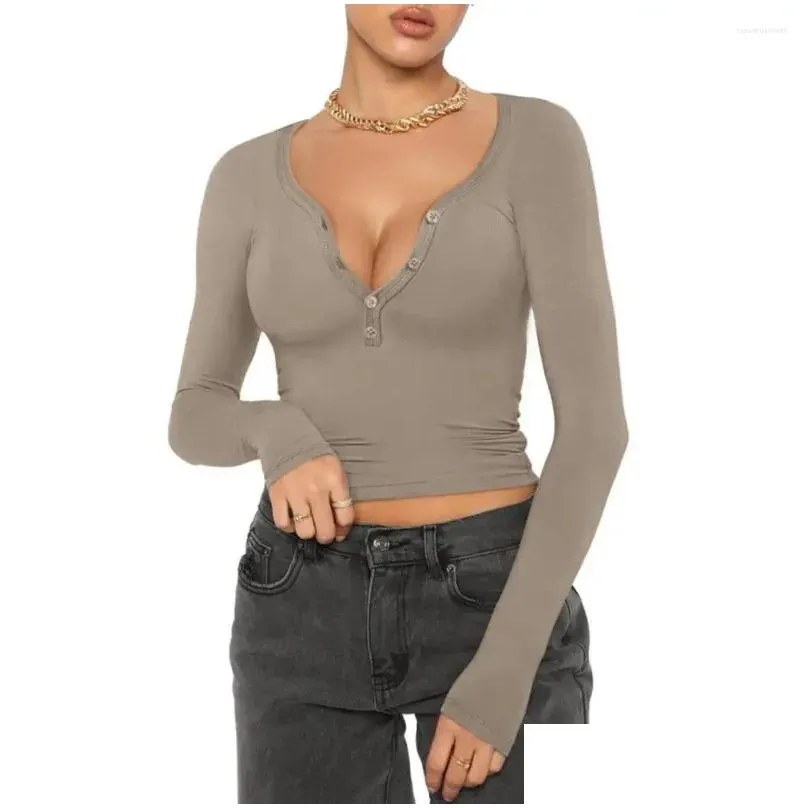 Women`s Blouses Polyester Women Top Deep V-neck Autumn Casual Wear V Neck Slim T-shirt With Button Neckline Sexy Solid