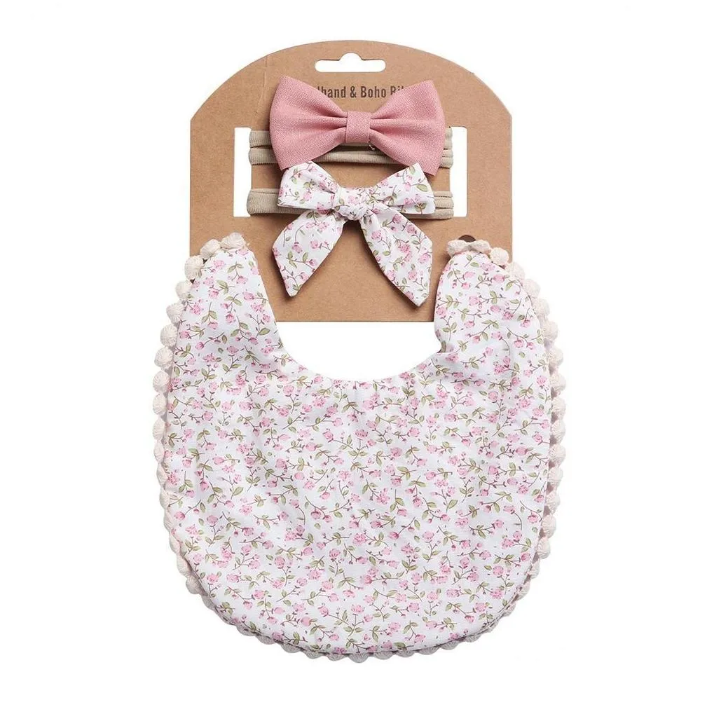 Baby Bibs Feeding Burping Cloths Girls Accessory Cotton Flower Bows Bowknot Headbands 2Pcs/Sets Princess Wear