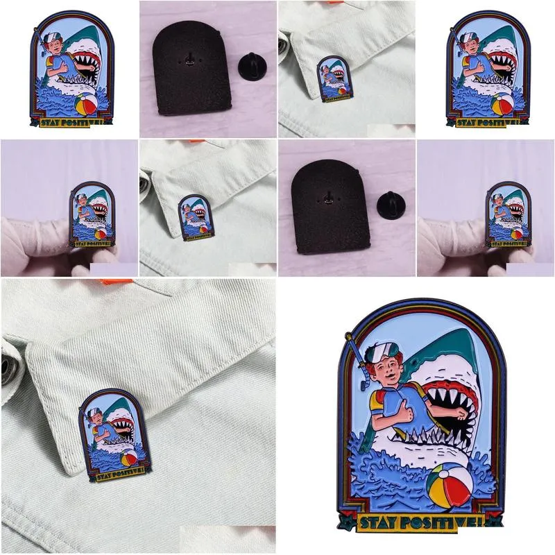 Stay Positive Shark Enamel Pin Novel Pins Gift Briefcase Badges Badges on Backpack Brooch for Clothes Accessories