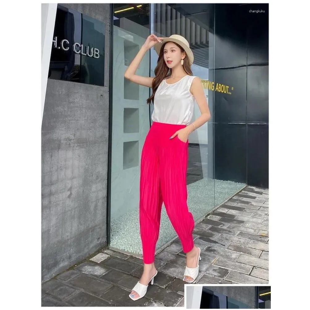 Women`s Pants Miyake Spring Summer High Elastic Waist Trousers Pleated Harem 2023 Casual Loose Pockets Fold Solid Color