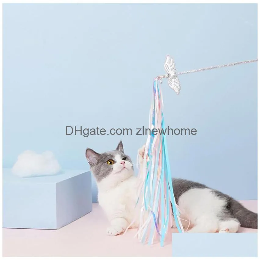 Cat Wand Toy Kitten Flirt Pole Teaser Interactive Wings Tassels Sticks For Indoor Play Blue High-Grade Drop Delivery Dhj35