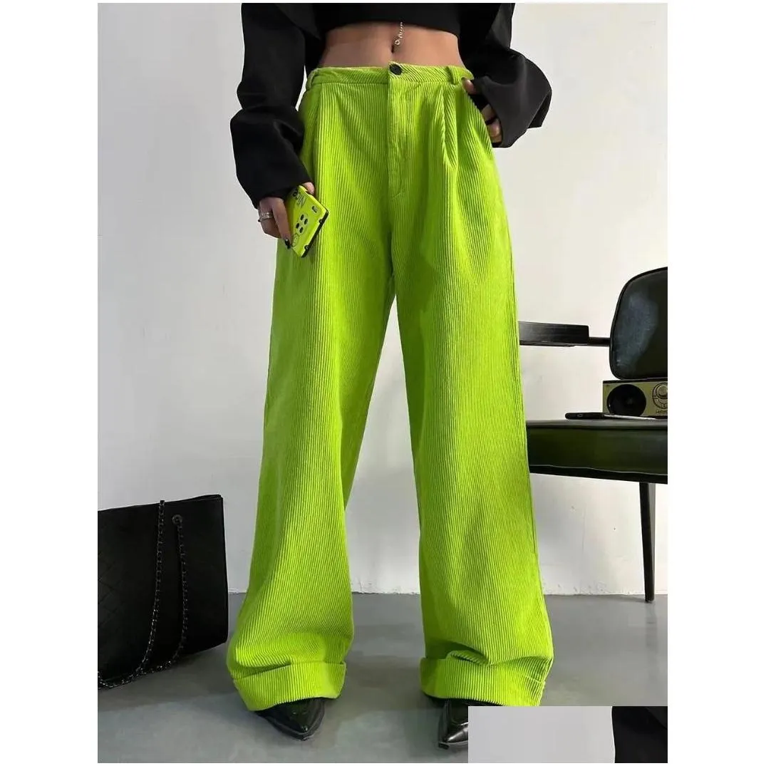 Women`s Pants American Fluorescent Green Light Core Velvet Wide Leg Hem Straight Trousers For Summer Style Ins Loose Mop