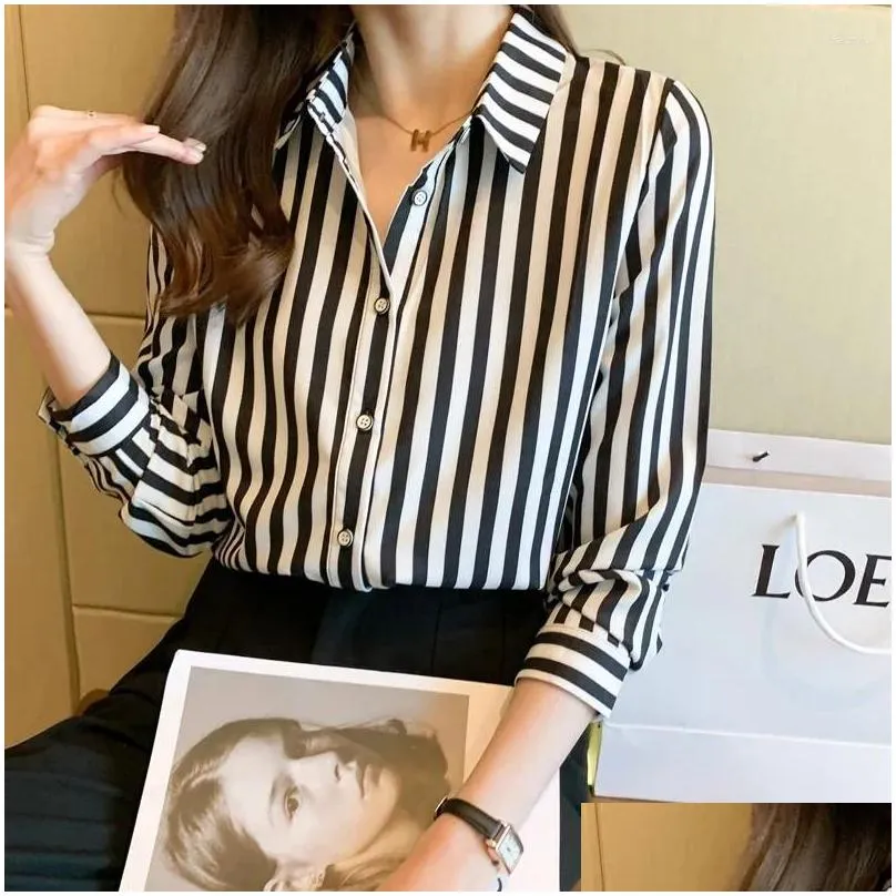Women`s Blouses Fashion Shirt 2024 Black And White Striped Tops For Women Versatile Polo Neck Clothing Long Sleeve Basic Shirts OL J27