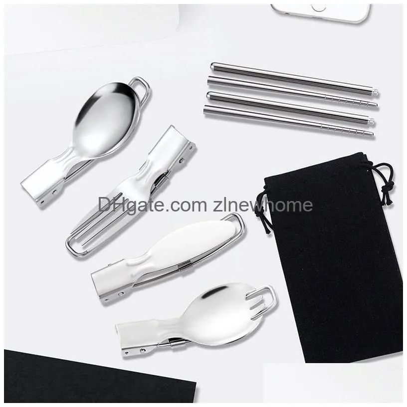 Dinnerware Sets Stainless Steel Portable Cutlery Set Knife Fork Spoon 2-5-Piece Folding Flatware Sets For Student Dinnerware Travel Ta Dhejz