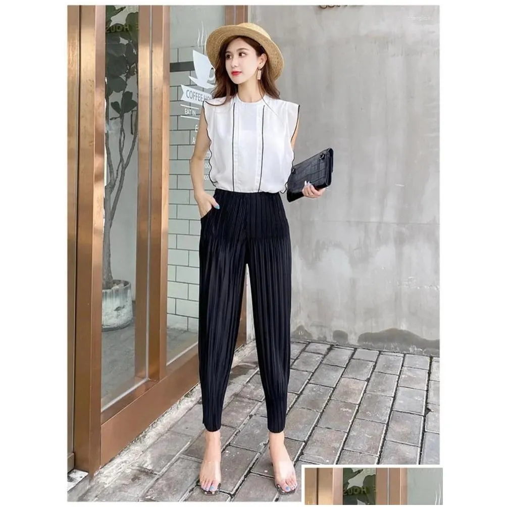 Women`s Pants Miyake Spring Summer High Elastic Waist Trousers Pleated Harem 2023 Casual Loose Pockets Fold Solid Color