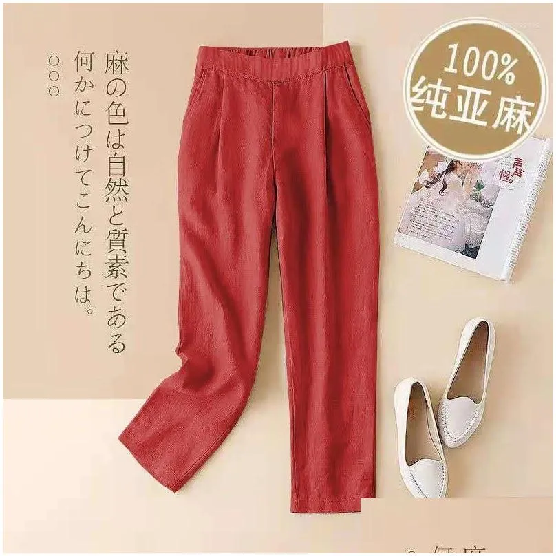 Women`s Pants Womens Solid Clothing Harem Trousers Woman Linen Elastic Waist With Pockets Autumn Chic And Elegant Classic Casual