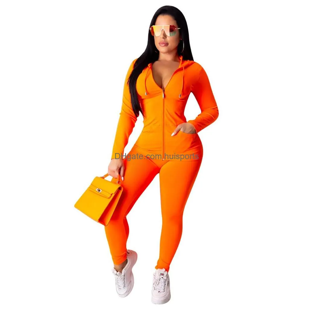 Yoga Outfit Women Casual Solid Color Two Piece Set Tracksuit Festival Clothing Fall Winter Topaddpant Sweat Suits Neon 2 Outfits Mat Dh0Um