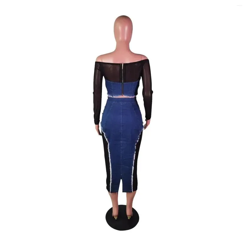 Work Dresses Women Denim Patchwork Mesh Off Shoulder Long Sleeve Crop Top And Midi Skirt Sets 2023 Fashion Elegant Two 2 Piece Set